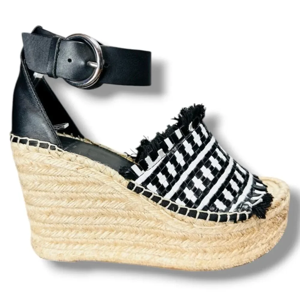 Marc Fisher Andrew Espadrille Wedge Sandals Black White Woven Platform Sz 6 Euro